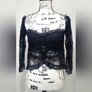 Guess Women's Black Lace Sheer Gothic Crop Top Long Sleeve Blouse Size Large